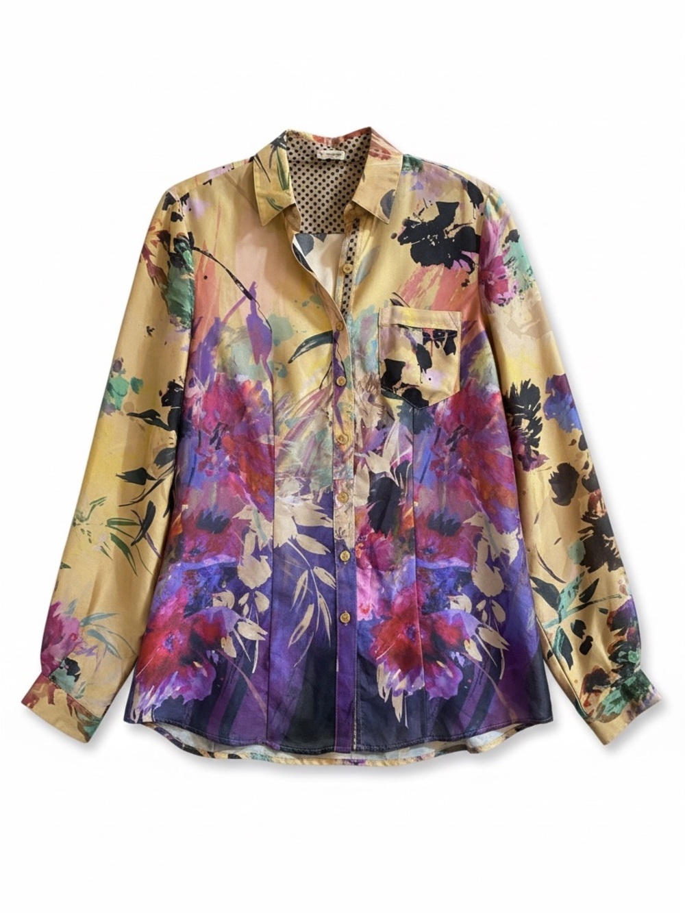 Vintage Floral Silk Button-Down Shirt - Gold & Purple